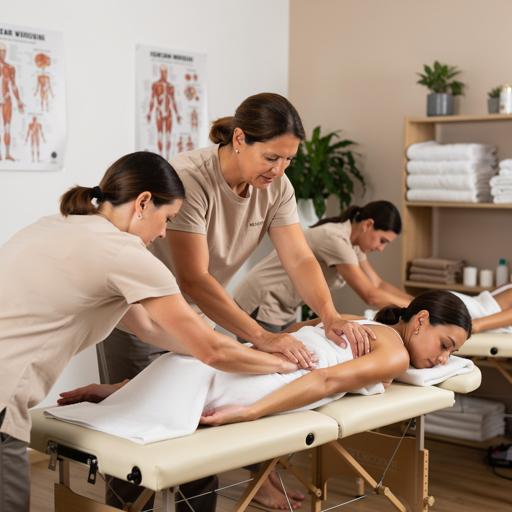 A hands-on relaxation massage training session in a professional classroom setting. 