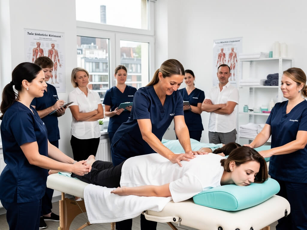 Confident massage therapist of average build demonstrating proper body mechanics while working on a client, Confident massage therapist of average build demonstrating proper body mechanics while working on a client,