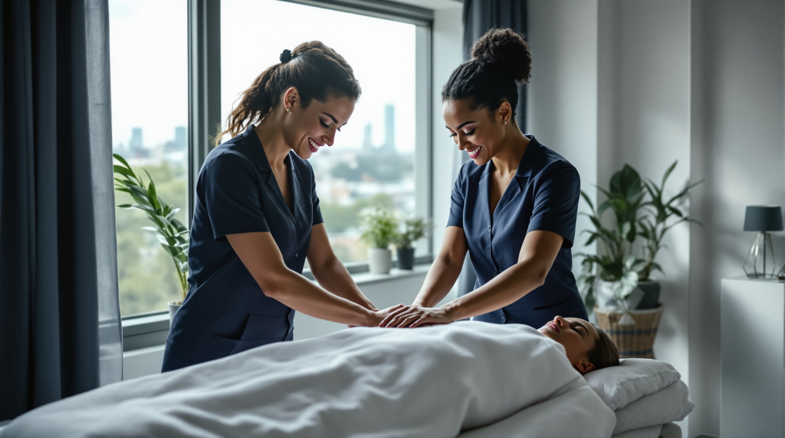 Aspirational scene of a diverse professional in their 30s transitioning from office attire to massage therapy whites, hands gently working on a client in a serene treatment room. Berlin cityscape visi Aspirational scene of a diverse professional in their 30s transitioning from office attire to massage therapy whites, hands g