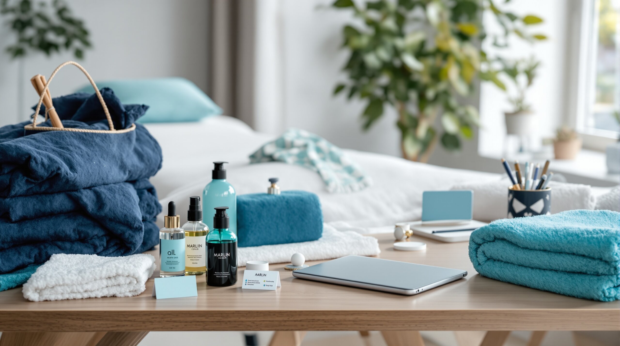 Clean, organized workspace showing massage therapy business essentials laid out professionally: massage table, oils, towels, business cards, tablet for booking. Berlin apartment or studio setting with Clean, organized workspace showing massage therapy business essentials laid out professionally: massage table, oils, towels,
