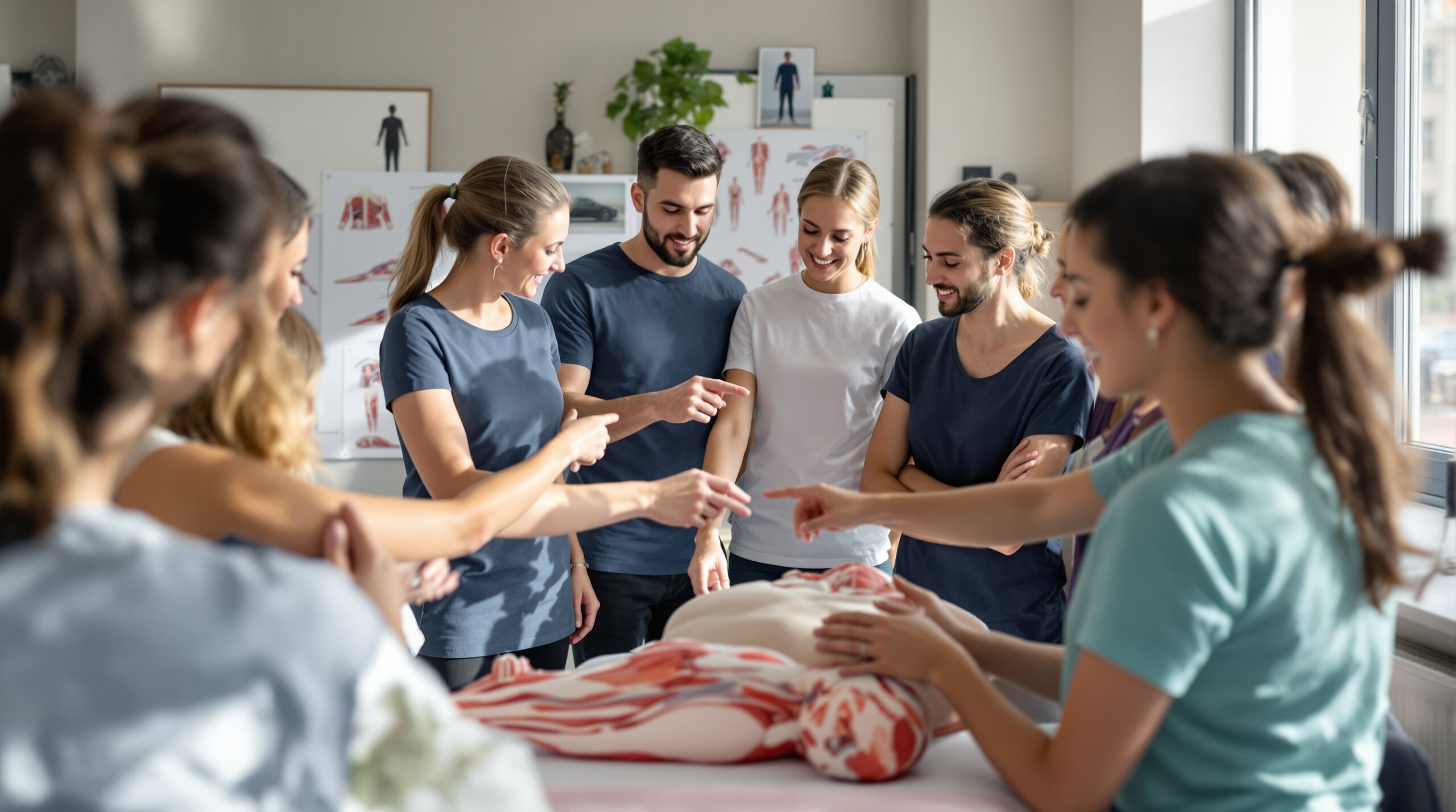 Educational scene showing diverse massage students gathered around anatomical models and charts in a bright Berlin training studio. Students pointing to muscle groups while an instructor guides them. Educational scene showing diverse massage students gathered around anatomical models and charts in a bright Berlin training s
