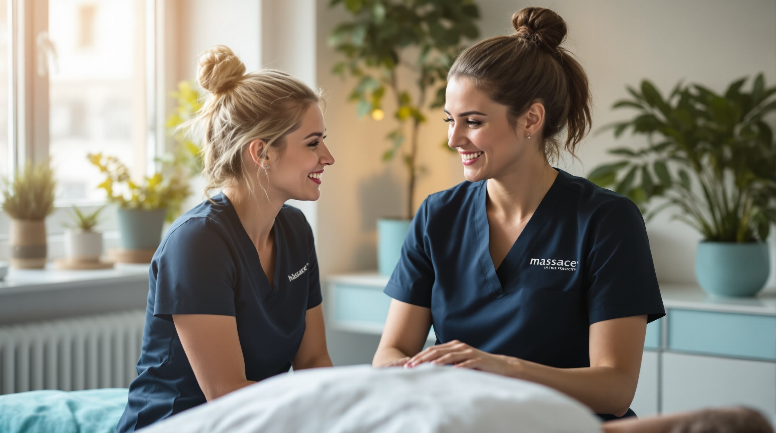 Warm, professional scene of a massage therapist consulting with a client before treatment, both appearing comfortable and eng